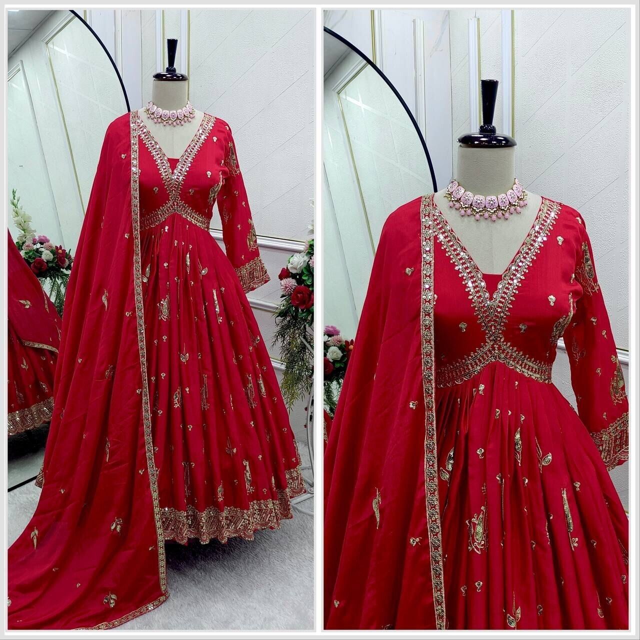Chinnon Silk Flared Anarkali Gown pant Dupatta Indian Dress designer Stitched