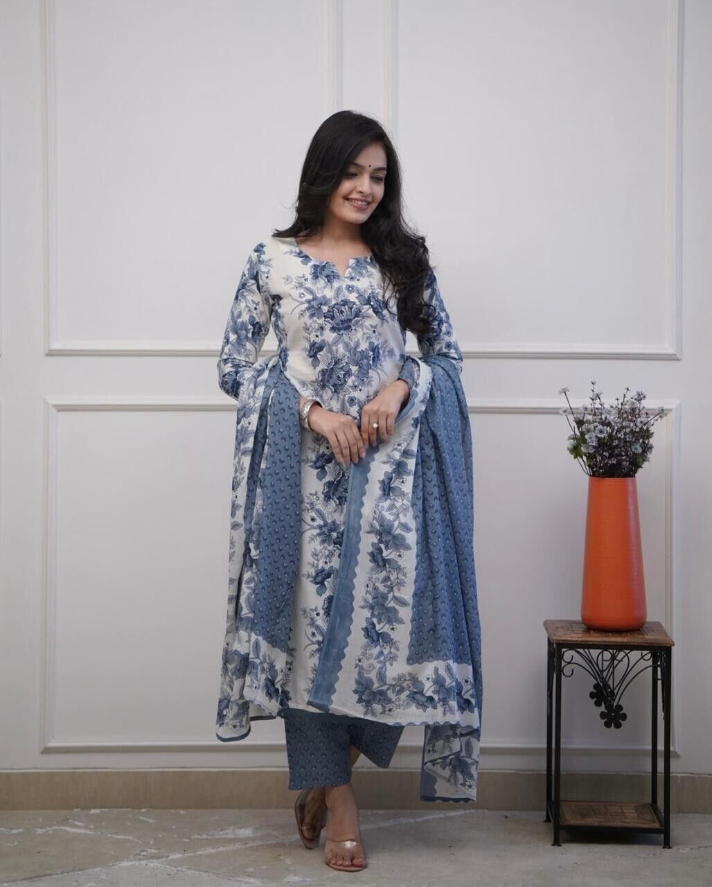 Designer Floral Printed kurta Set 3 PC long suit salwar kameez Fabric Cotton