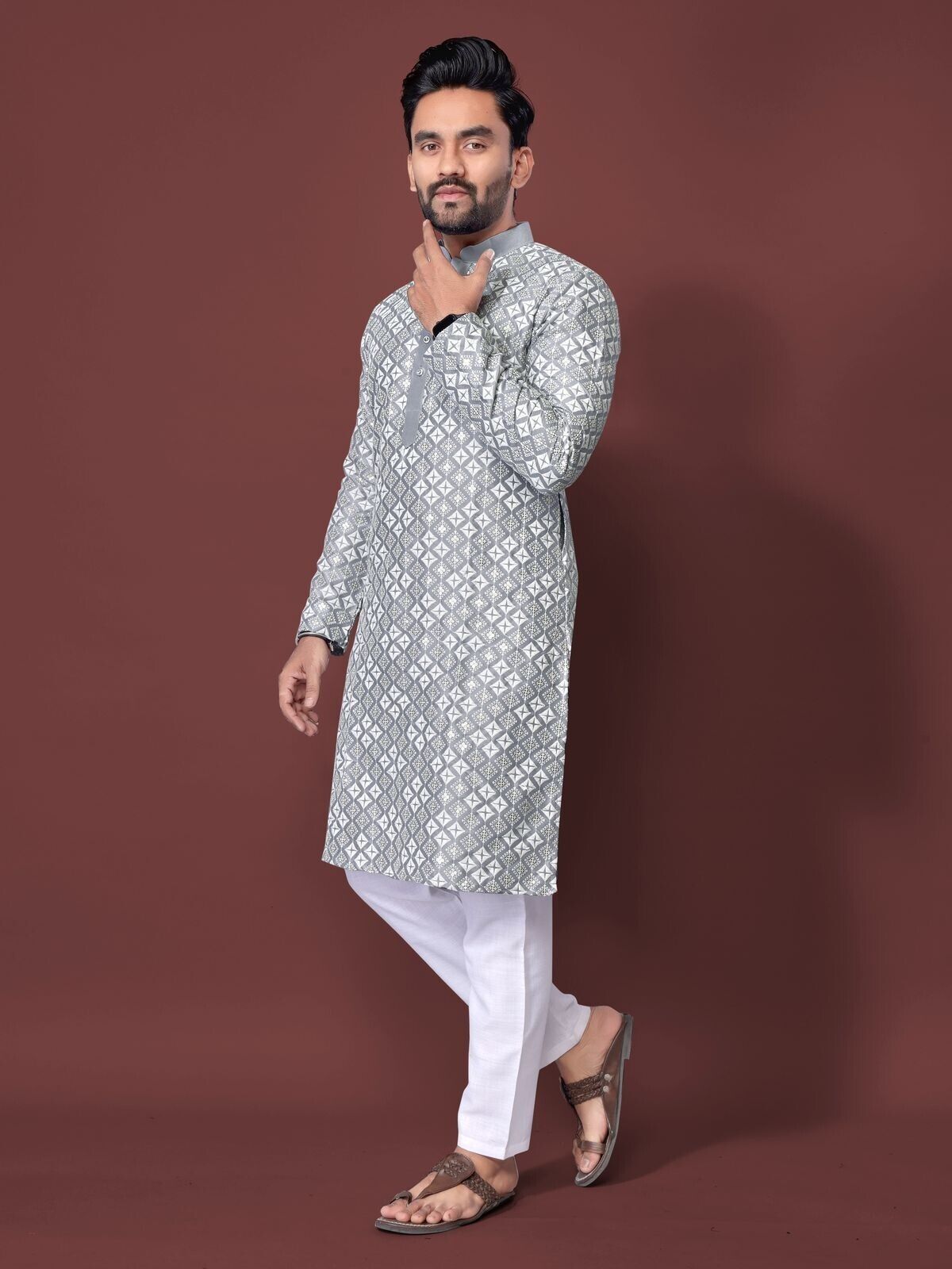 Traditional Men's Wedding Kurta Long Embroidery & Cotton Pajama - Silk Bandhani