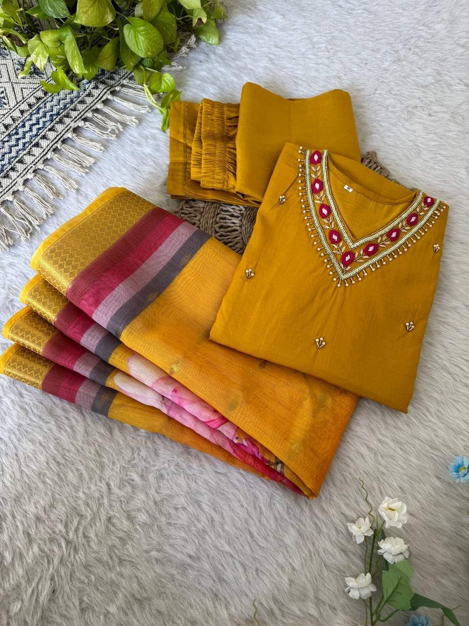 Roman Silk Kurti Pant Dupatta Set – Handwork Detailing Salwar kameez Jacquard