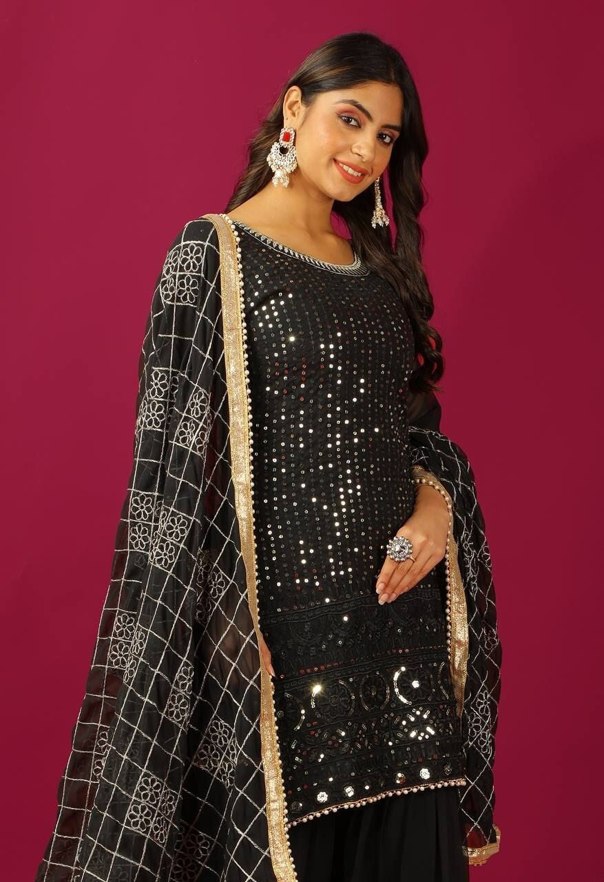 Designer Black Faux Georgette Suit  with Sharara  Readymade Embroidred