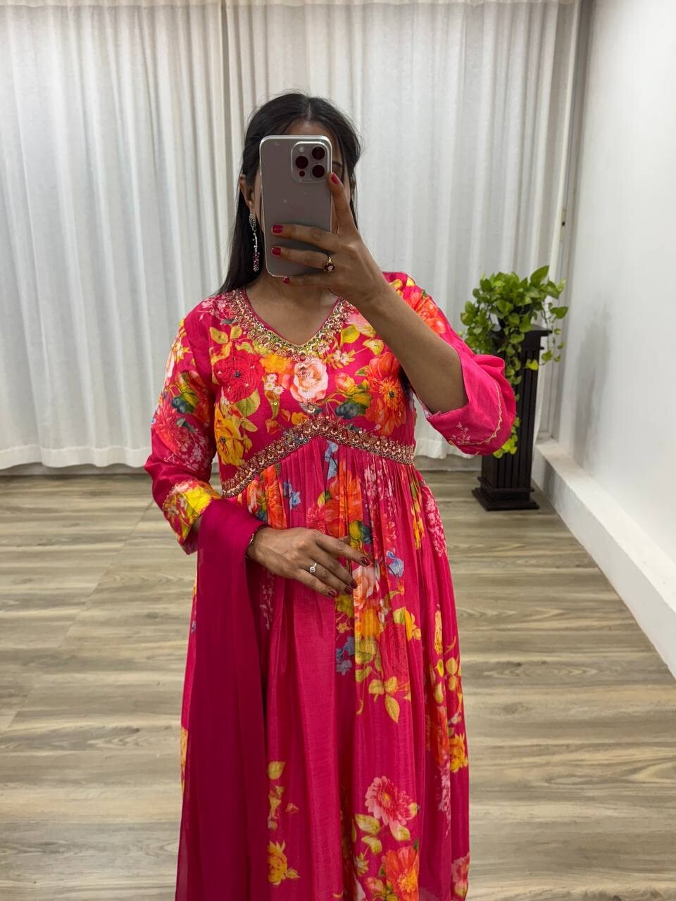Chinon silk Indian Floral Anarkali Full length flared Gown Set – Readymade