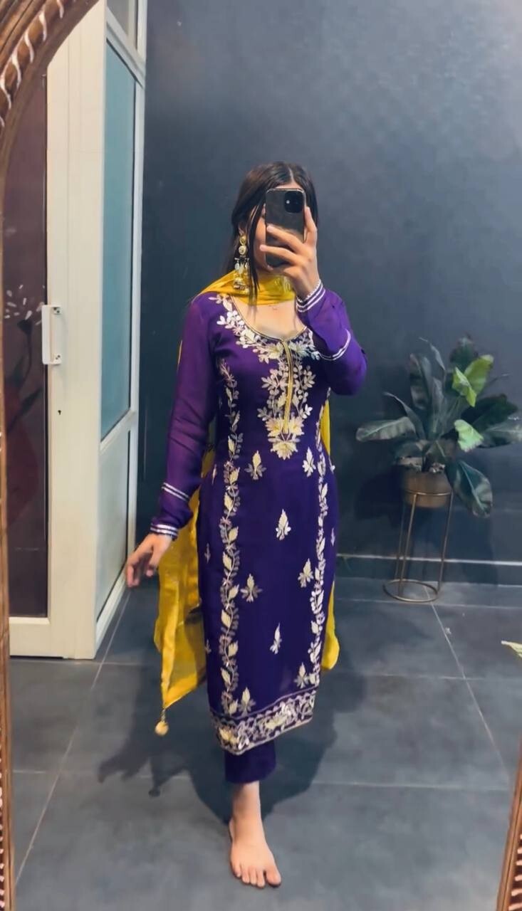 Chinnon Silk  Salwar Kameez Pakistani Dress Ready To Wear Suits Indian Embroided