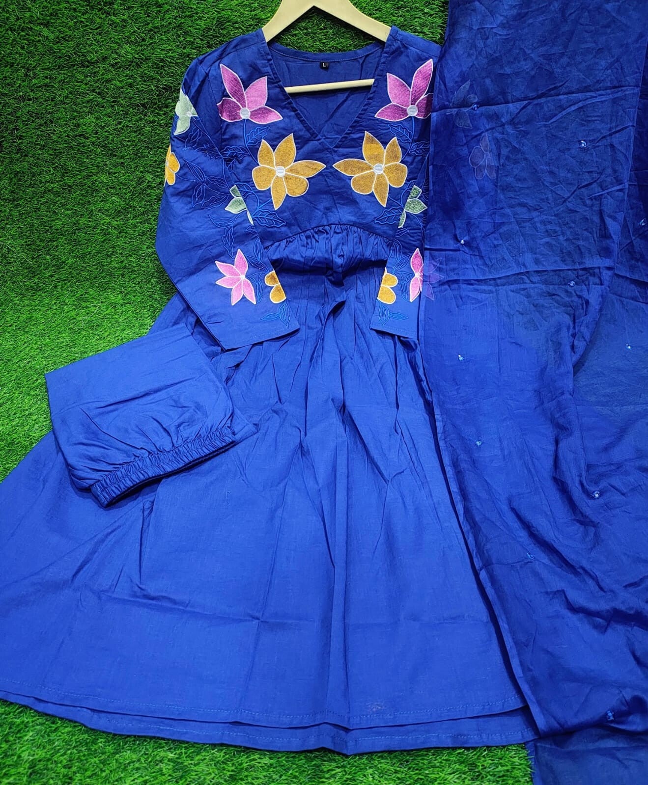 Blue Cotton Anarkali Flared gown full length Kurta Set with Malmal Dupatta