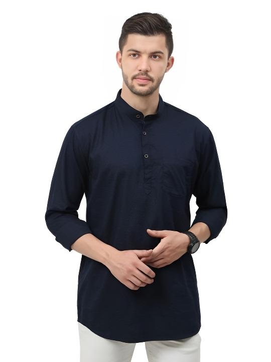 Cotton High Quality Men’s Short Shirt  Kurta Party Wear Solid Navy Blue
