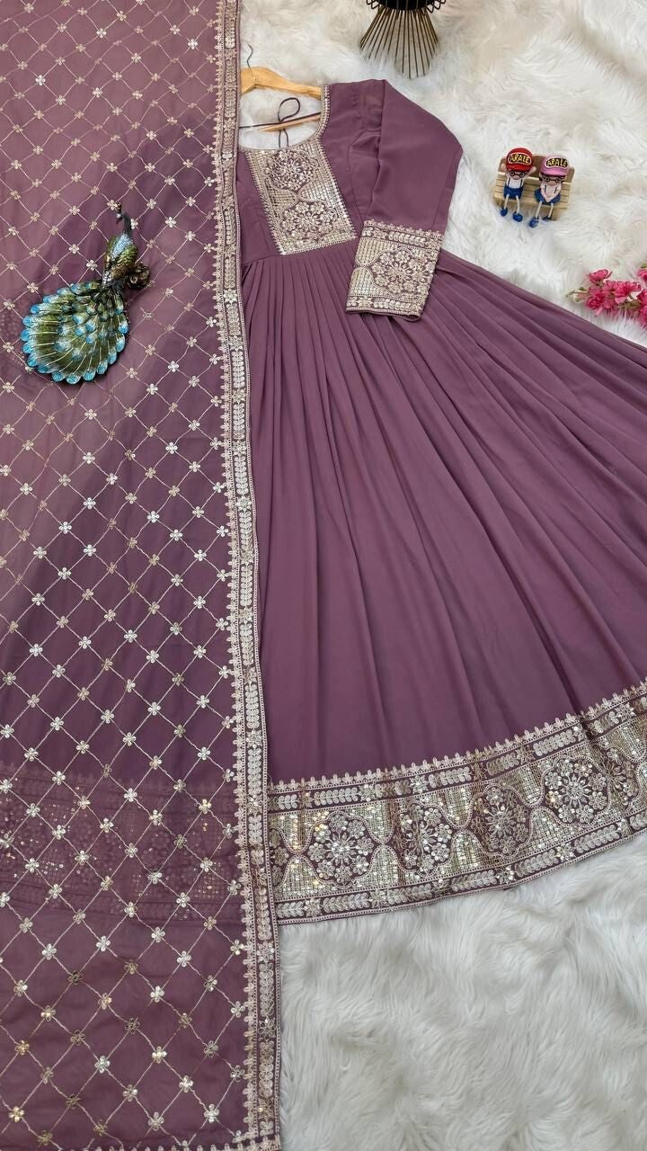 Georgette Embroidered Flared Anarkali Gown Dupatta – Fully Stitched  Ensemble
