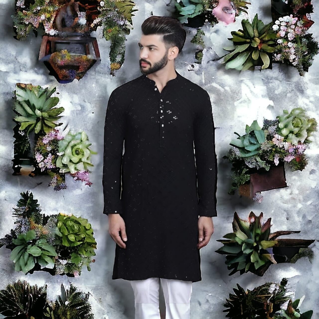 New Party Wear Pure Cotton Men’s  Long Kurta Pajama Black , Wedding Outfit