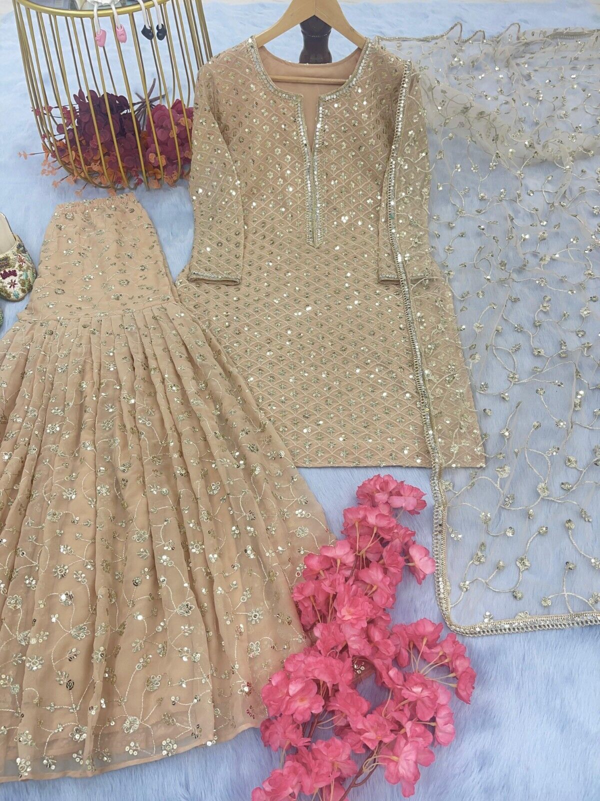 Indian Georgette Sharara Palazzo Kurti Set Readymade Wedding Dress for Girl