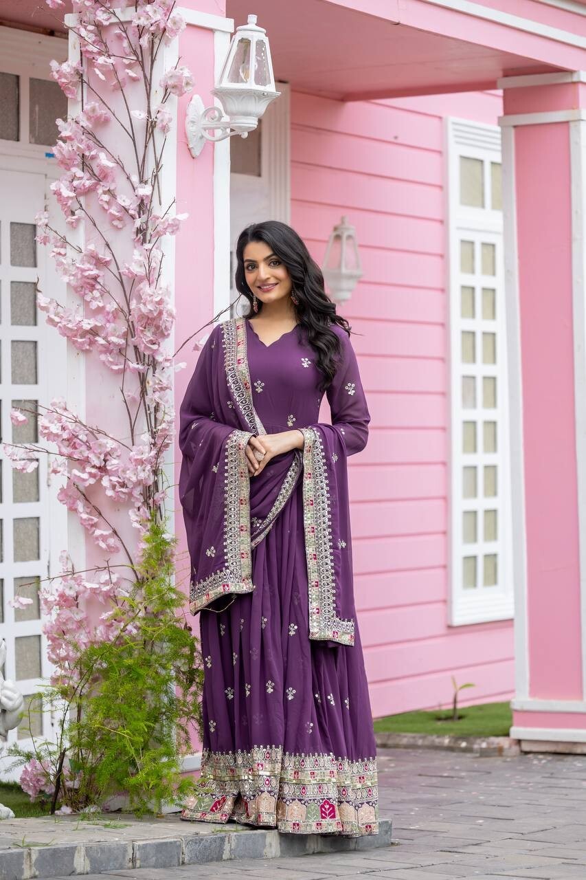 Georgette Pakistani Anarkali Gown Salwar Kameez Set with Embroidered Net