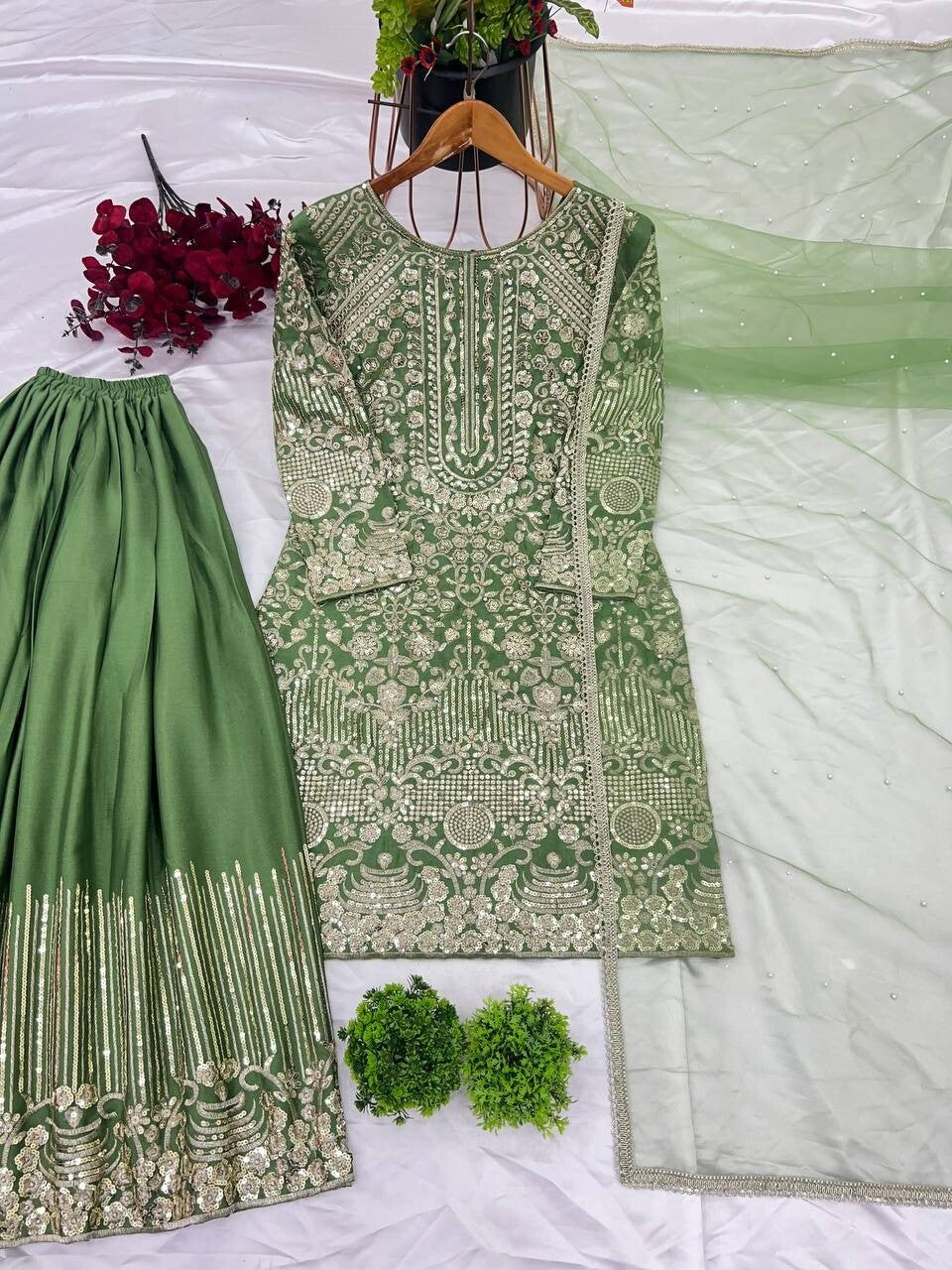Indian Green Chinnon Silk Sharara Palazzo Salwar Kameez Set with Net Dupatta