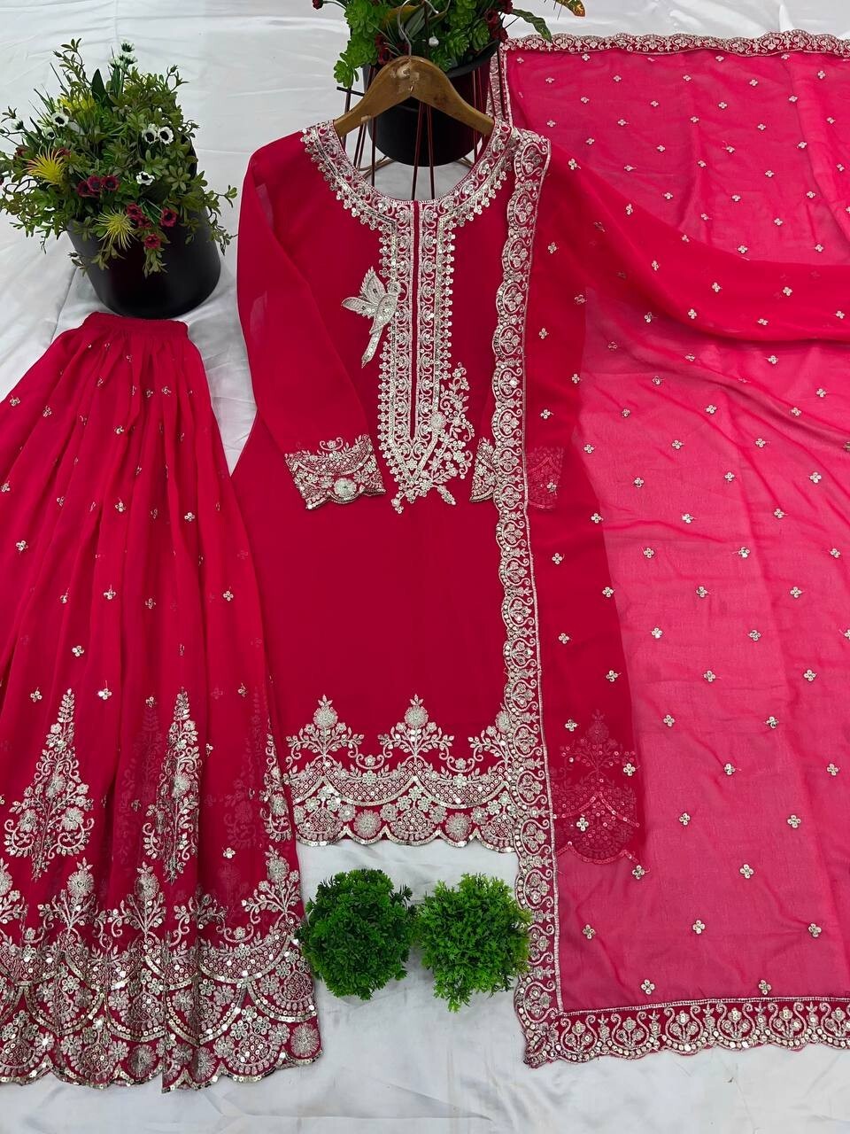Pink Pakistani Sharara Dress with Embroidered Sequins in Faux Georgette Readymad
