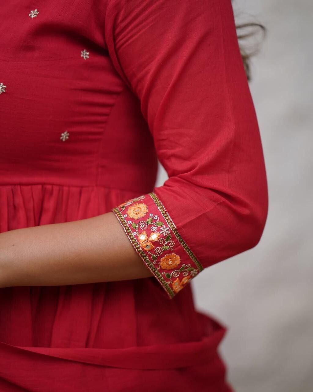 Indian Women Red Cotton Floral Printed Anarkali Flared Kurta Kurti Long Dress
