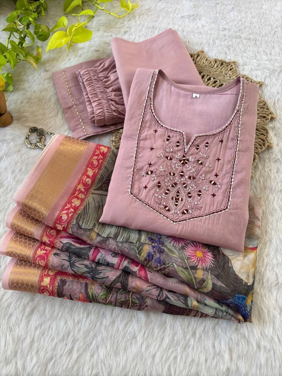 Roman Silk Salwar Kameez Set with Chanderi Dupatta – Hand Embroidered 3-Piece