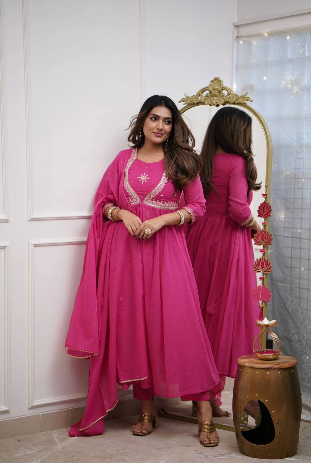 Cotton Embroidered Flared Anarkali Gown Suit Readymade Kurti Long Kurta Women