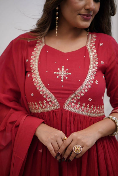 Cotton Embroidered Flared Anarkali Gown Suit Readymade Kurti Long Kurta Women