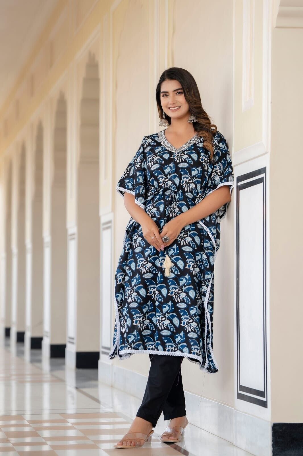 2 pcs Kaftan Style Set – Cotton with Embroidery, Lace Work & Tassel Detailing