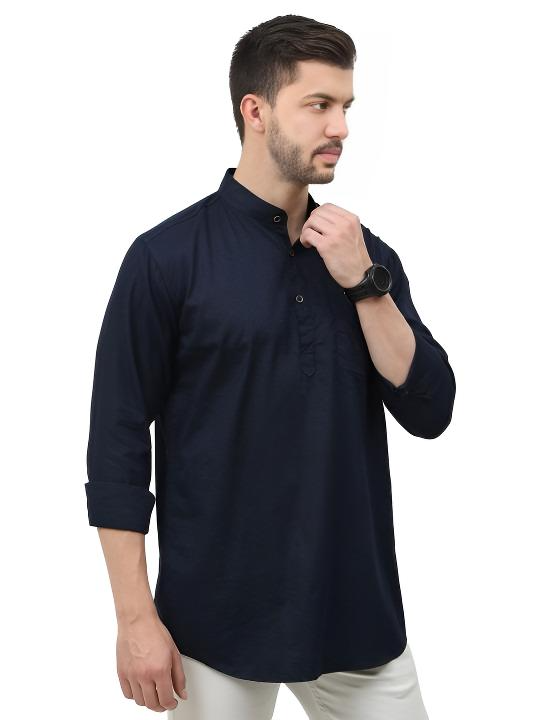 Cotton High Quality Men’s Short Shirt  Kurta Party Wear Solid Navy Blue