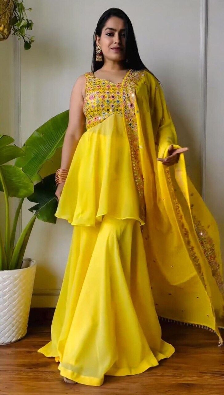 Haldi Outfit for Women - Yellow Plazo Kurti Dupatta Set