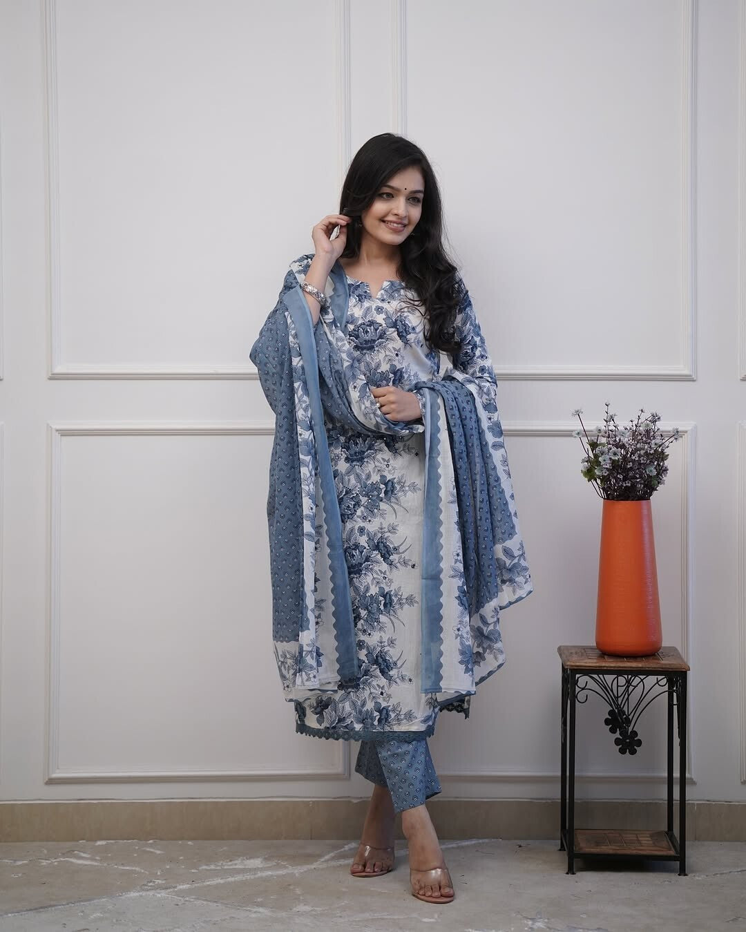 Designer Floral Printed kurta Set 3 PC long suit salwar kameez Fabric Cotton