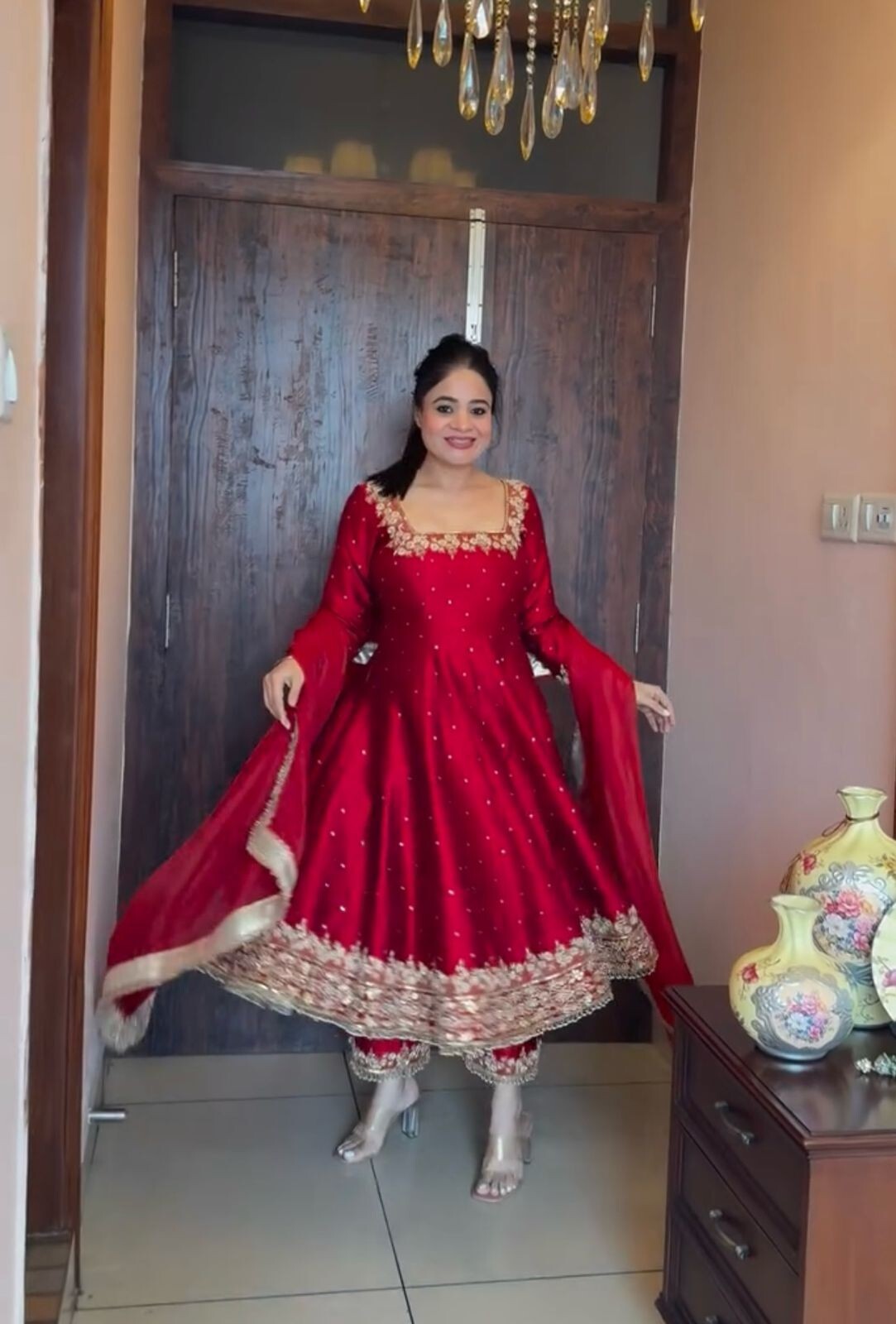 Indian Organza Taby Silk Anarkali Gown Set with Digital Print & Handwork