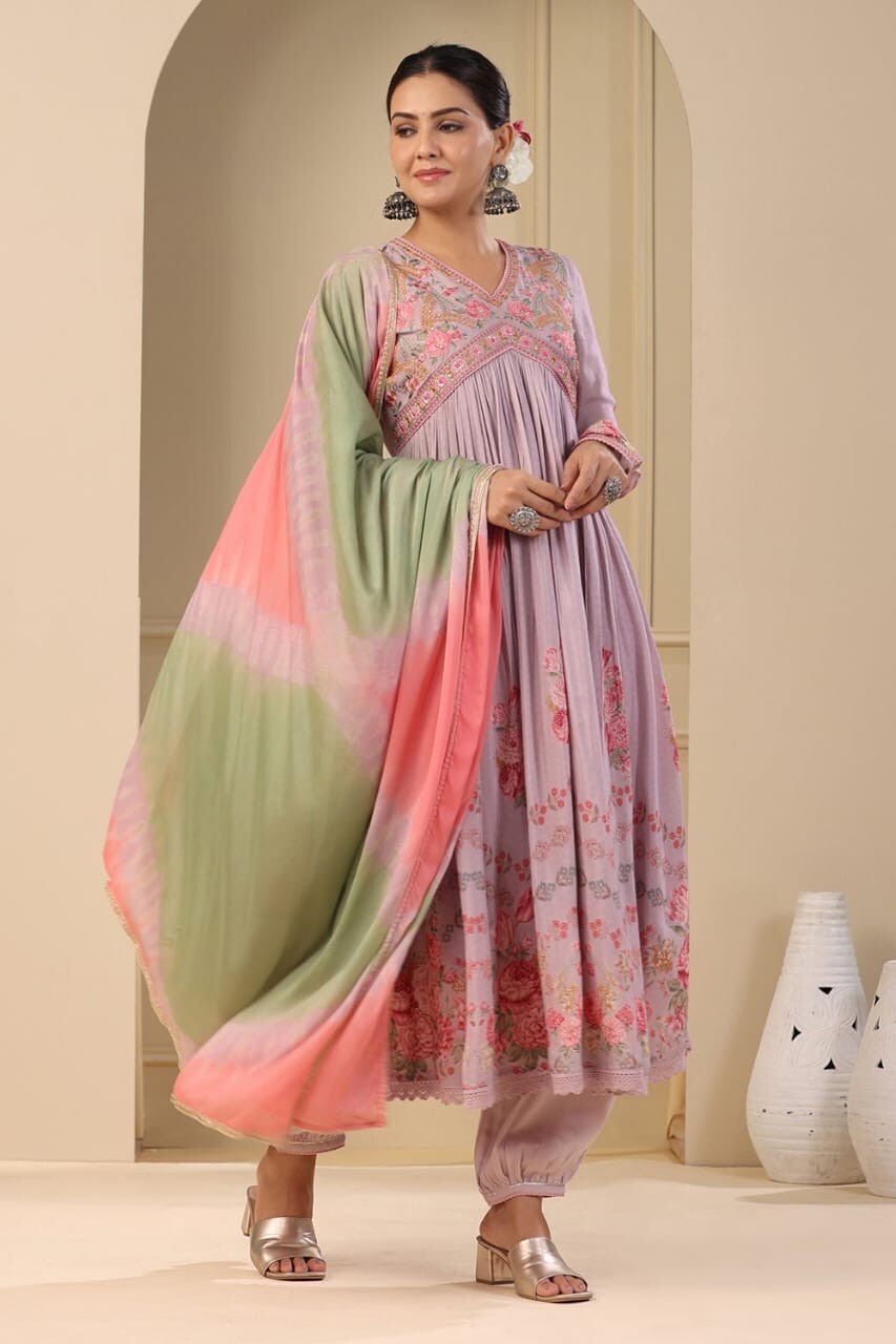 Women's Muslin Silk Alia Cut Salwar kameez Embroidery Digital Shine Print