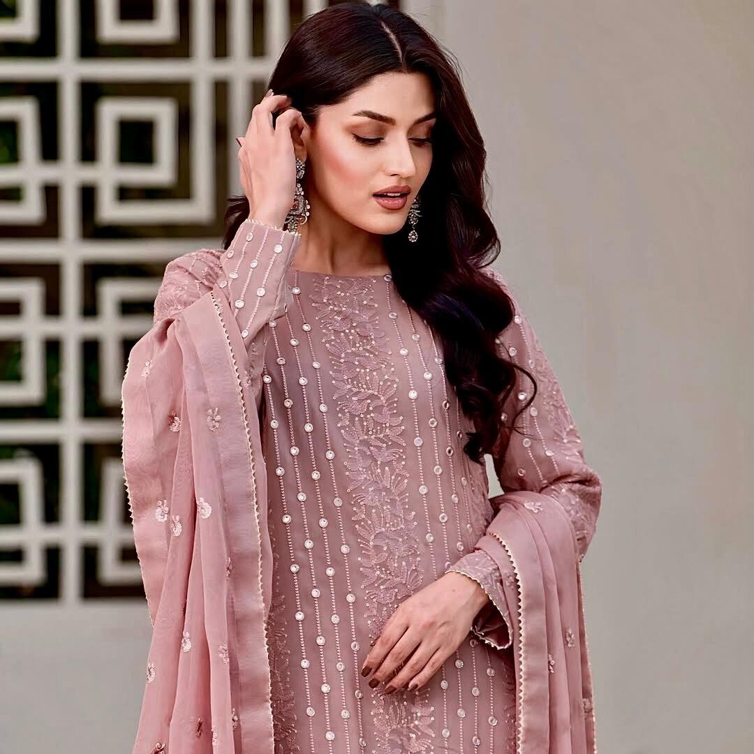 Embroidered Georgette Sharara Palazzo Salwar Kameez Set with Embroidered Dupatta