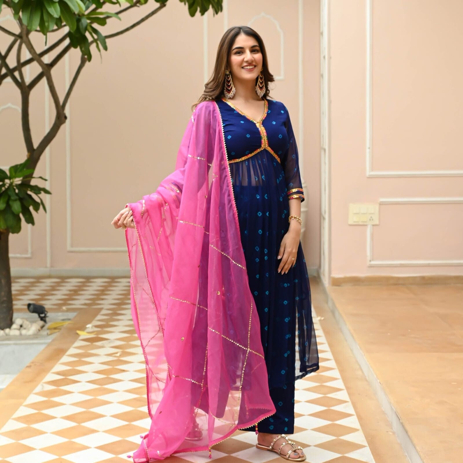 Bollywood Blue Anarkali Suit Set with Dupatta Graceful Indian Ethnic Wear Cotton