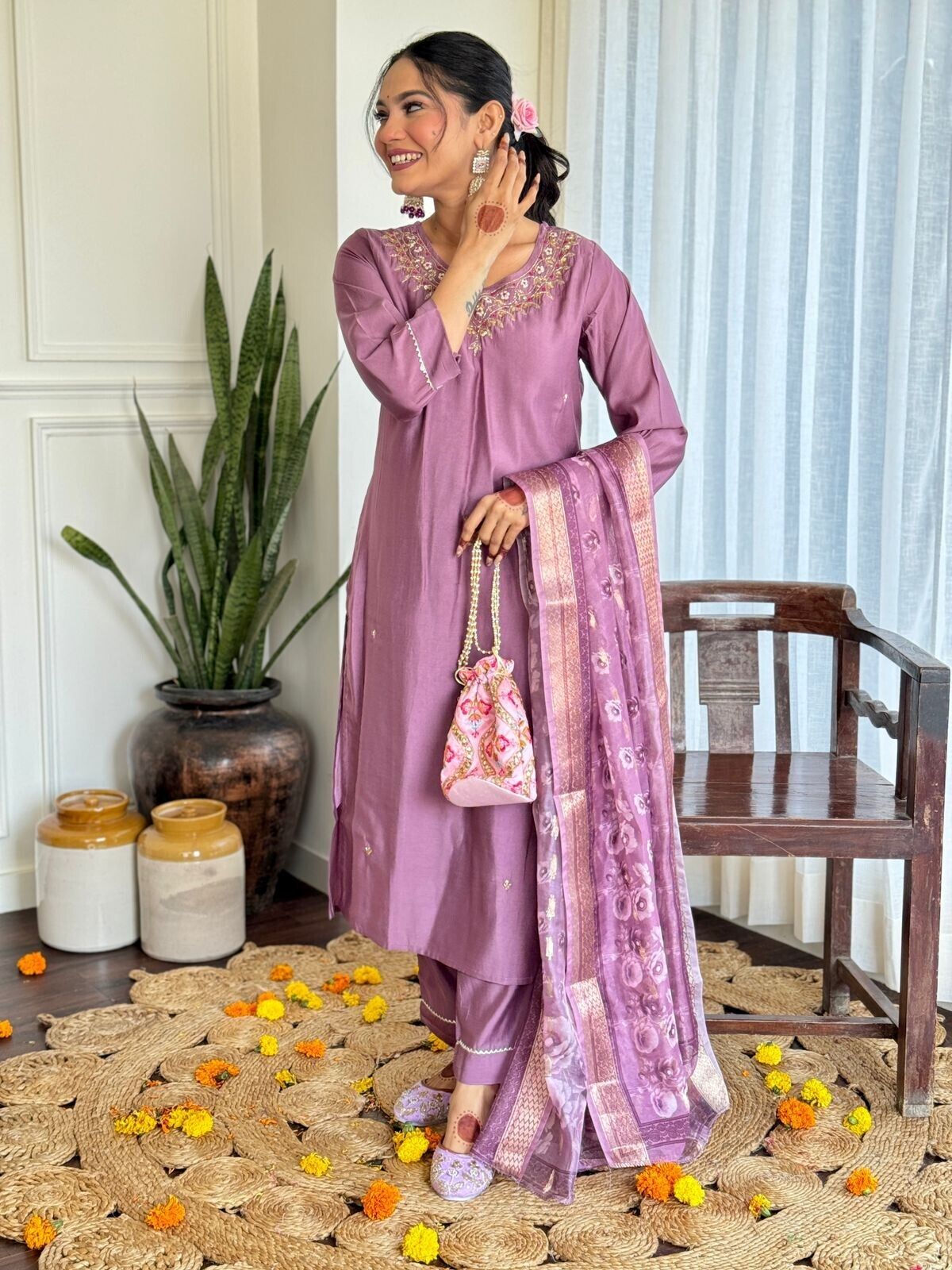 Women Elegant Romen Silk Kurta Pant  Chanderi Dupatta Salwar kameez suit