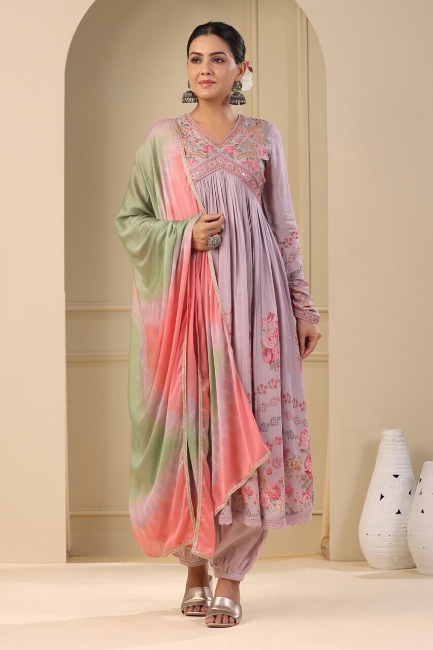 Women's Muslin Silk Alia Cut Salwar kameez Embroidery Digital Shine Print