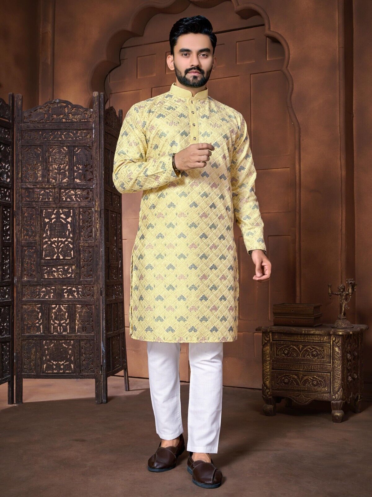 Traditional Men's Wedding Kurta Long  Embroidery & Cotton Pajama - Silk Bandhani