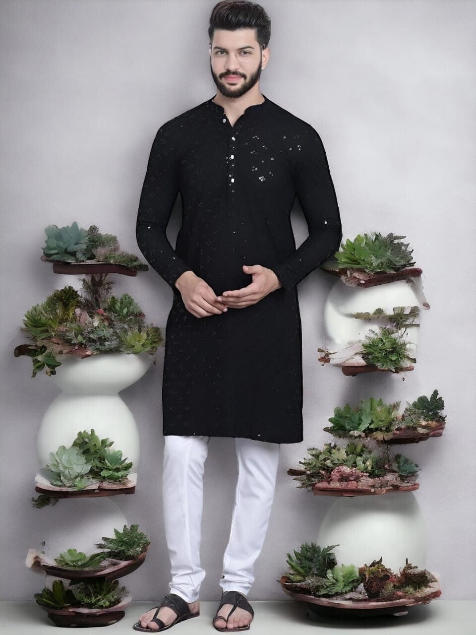 New Party Wear Pure Cotton Men’s  Long Kurta Pajama Black , Wedding Outfit