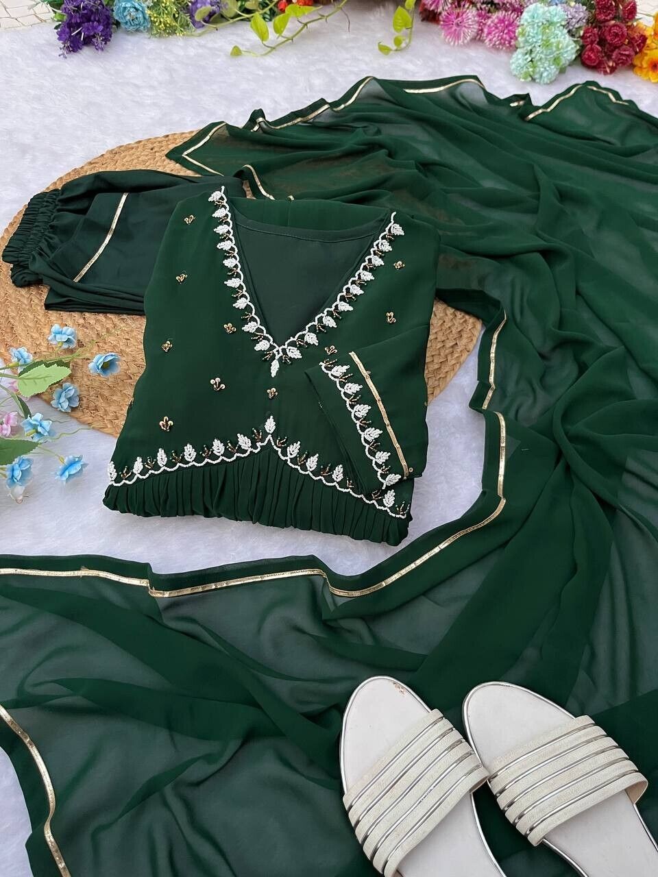 Solid Green Mehendi Outfit Women Indian Pakistani Anarkali Gown Set Georgette