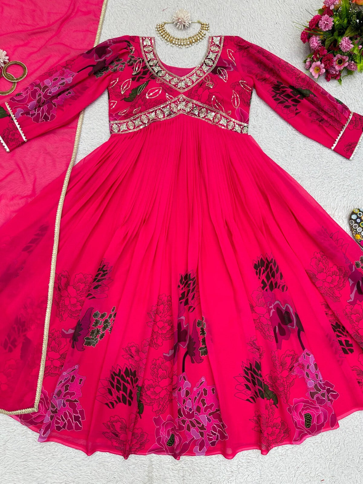 Designer Floral Faux Georgette Anarkali gown Flared Sleeves  Ready-to-Wear
