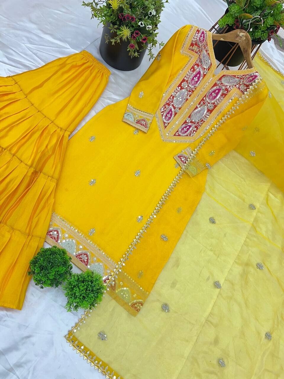 Pakistani Yellow  Embroidered Sequins Chinon Silk Gharara Dress , sharara suit