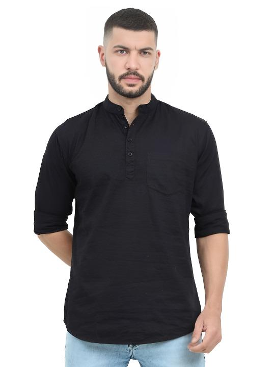 Pakistani Pure Cotton Short Kurta Tunic shirt  Men’s  Solid Black Plus Size S-7X