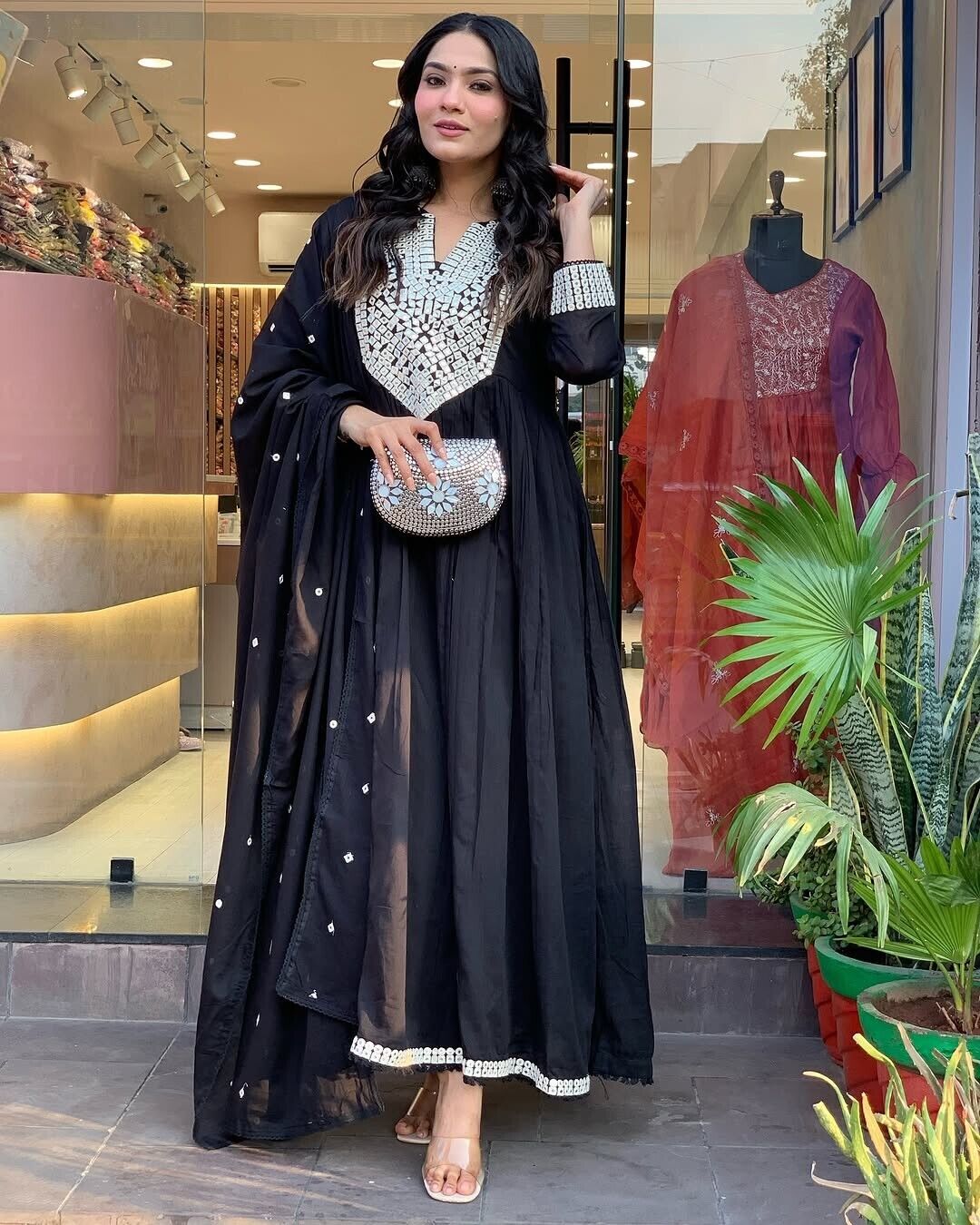 Designer  embroidered A-line suit Set  long suit salwar Indian Fabric Cotton 60