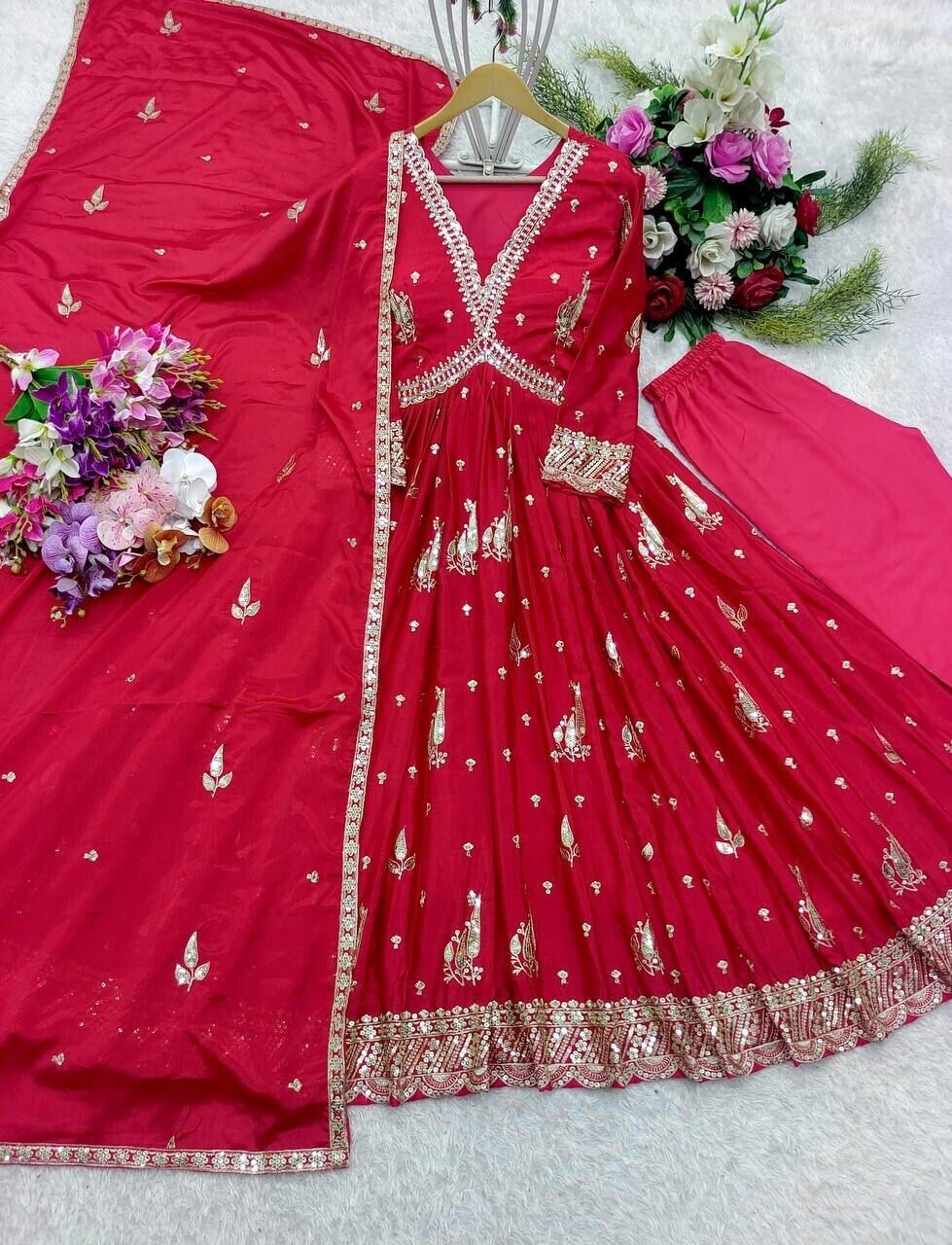 Chinnon Silk Flared Anarkali Gown pant Dupatta Indian Dress designer Stitched