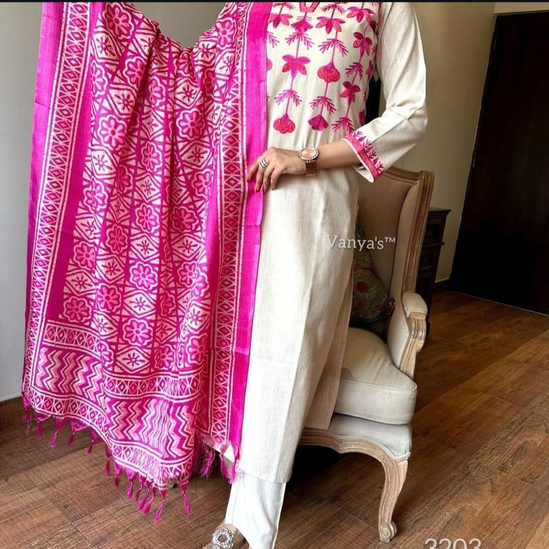Salwar kameez South Cotton Kurta Set with Khadi Silk Dupatta – Aari Embroiderd