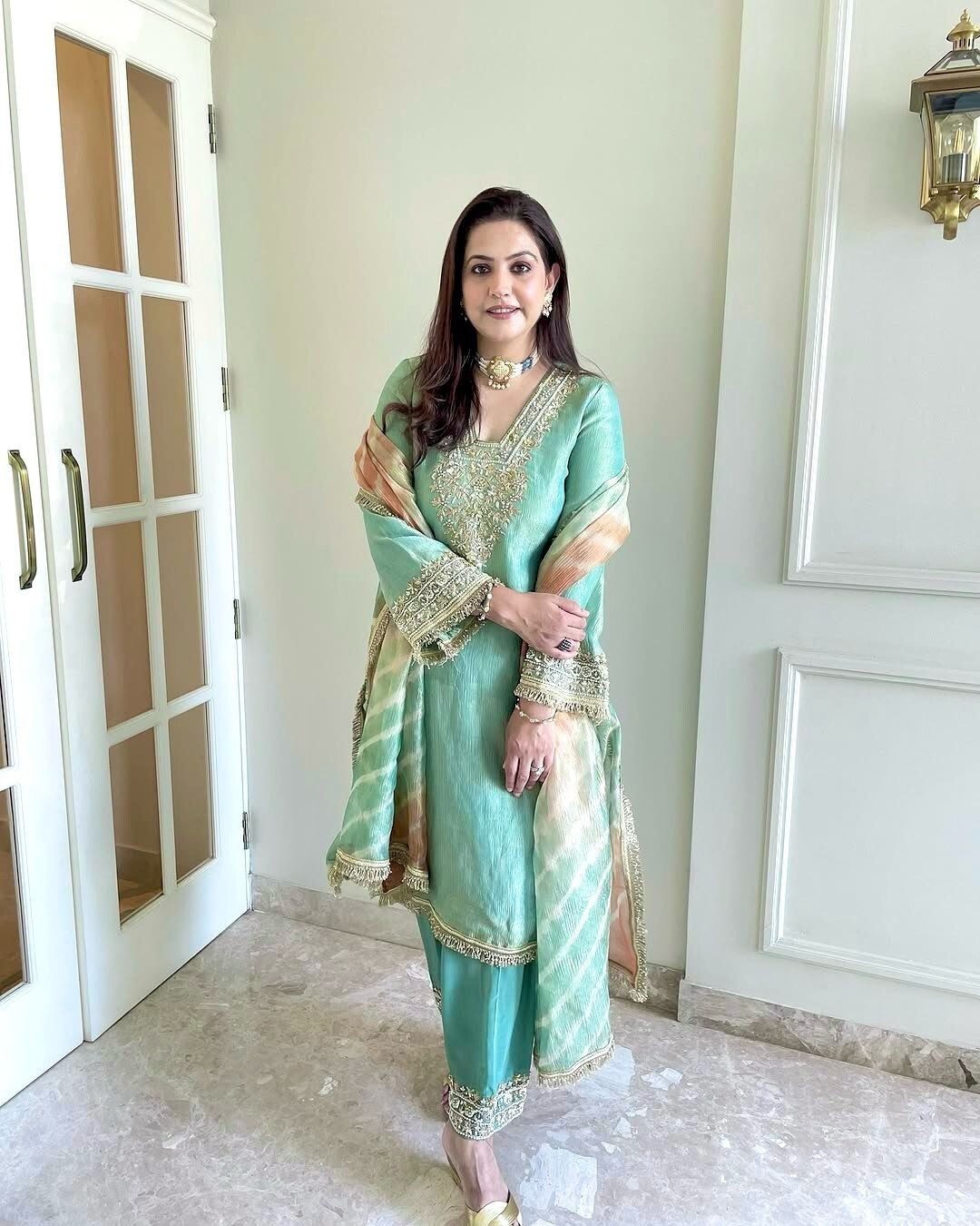 Pure Crunchy Silk Embroidered Party Wear Suit with Sharara & Dupatta