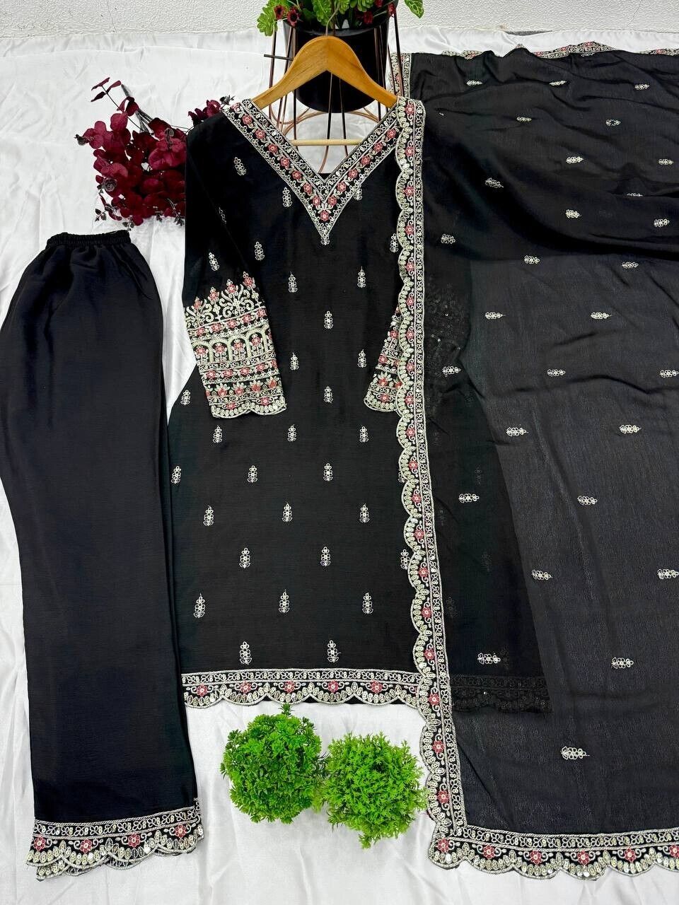 Designer Black Chinnon Silk Salwar Kameez –  Embroidered Suit for parties