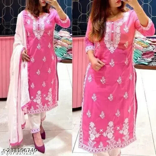 Embroided Cotton Straight kurta Salwar Kameez Suit Set Fabric pant duppatta