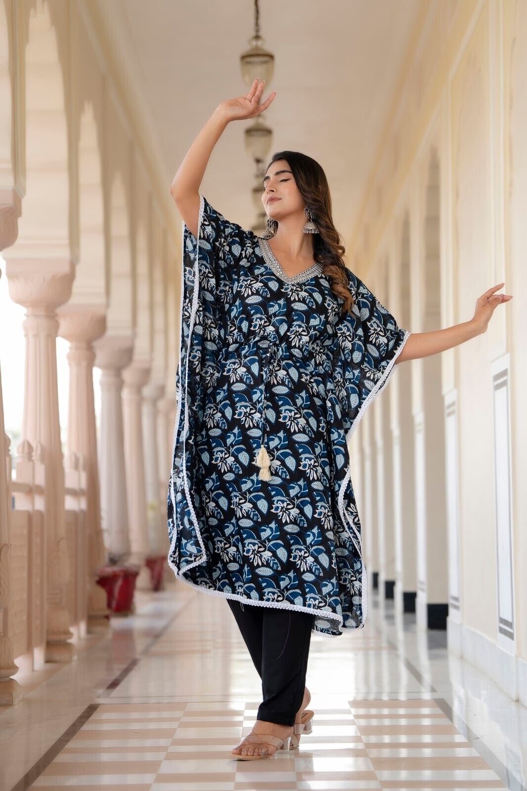 2 pcs Kaftan Style Set – Cotton with Embroidery, Lace Work & Tassel Detailing