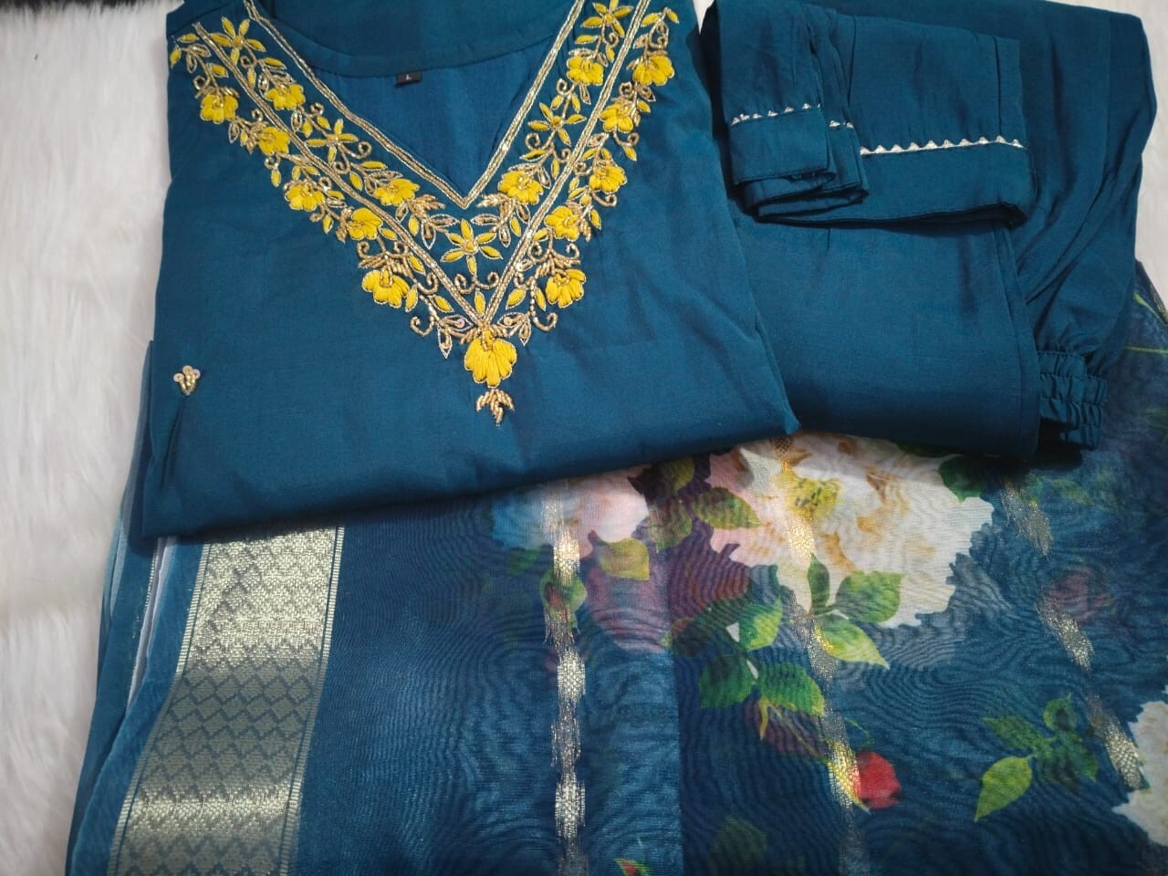 Blue Roman Silk Salwar kameez Pant Dupatta Set – Fully Stitched Festival Wear