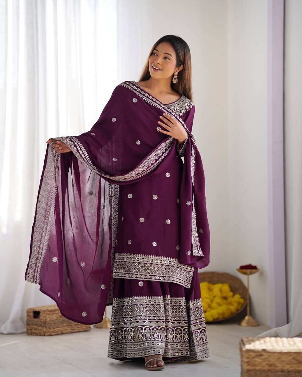 Chinnon Silk Punjabi Sharara Palazzo Salwar Kameez Set with Lace Border Dupatta