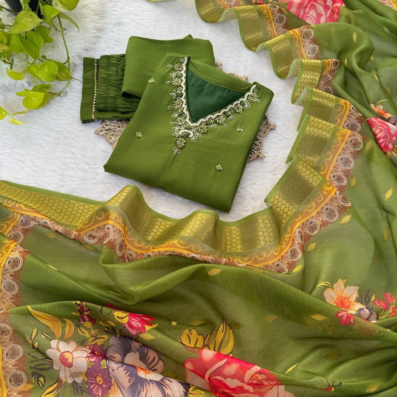 Roman Silk Kurti Pant Dupatta Set – Handwork Detailing Salwar kameez Jacquard