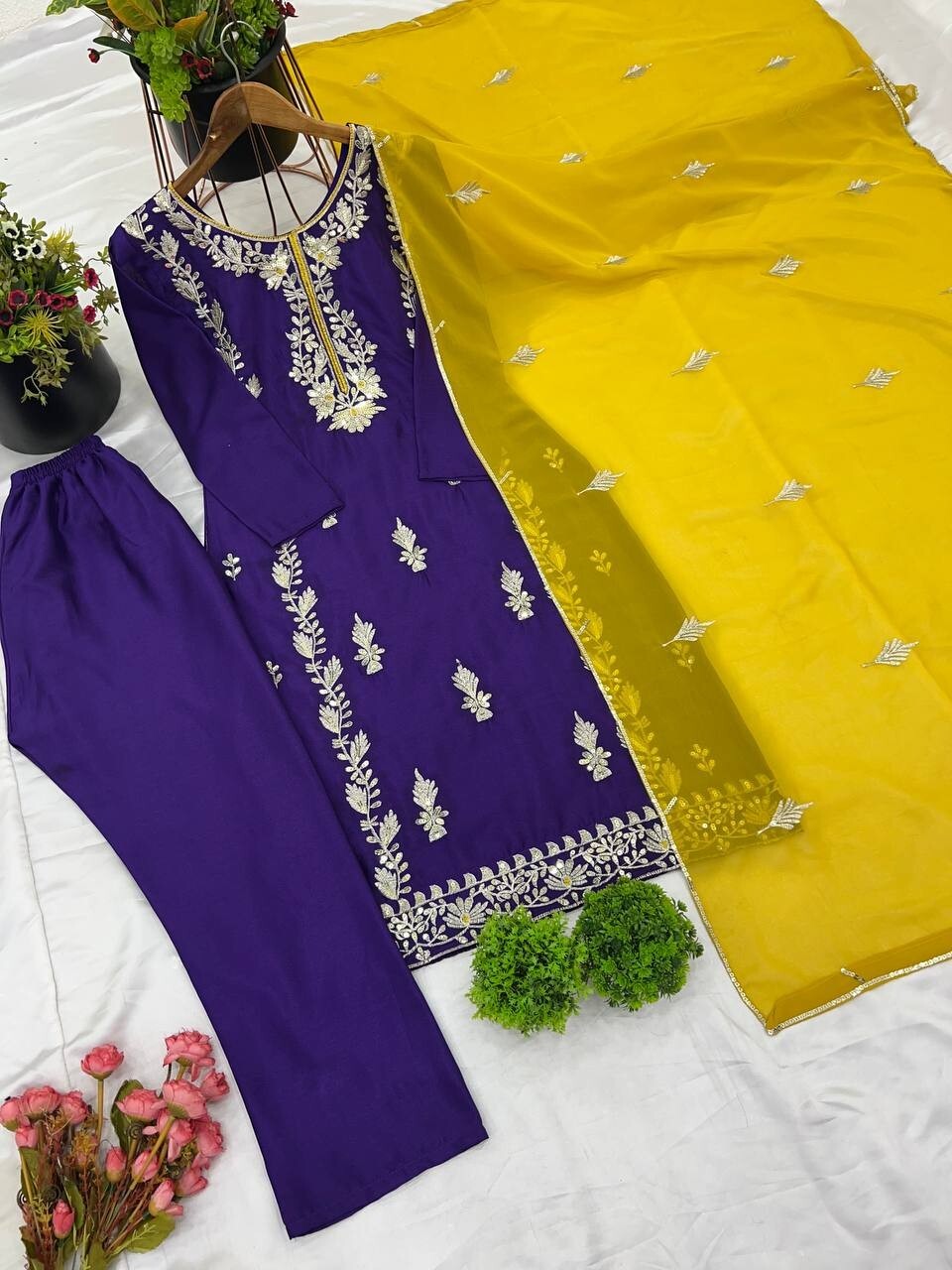 Chinnon Silk  Salwar Kameez Pakistani Dress Ready To Wear Suits Indian Embroided