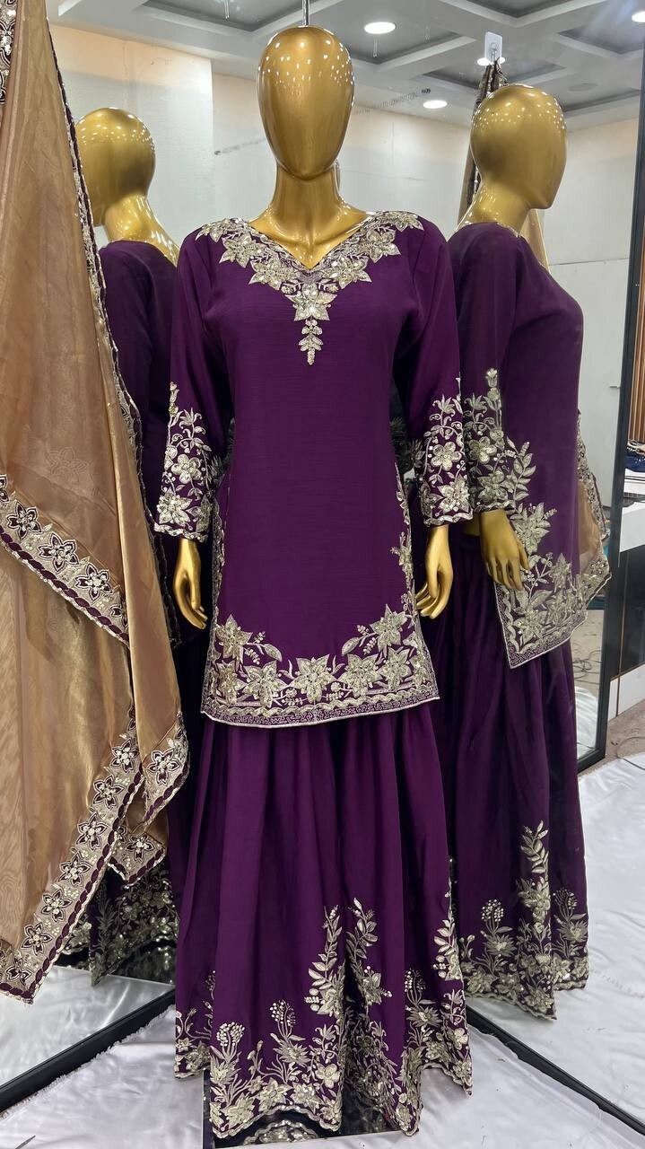 Chinon Silk Embroidered Palazzo Suit Set – Fully Stitched Partywear Sharara