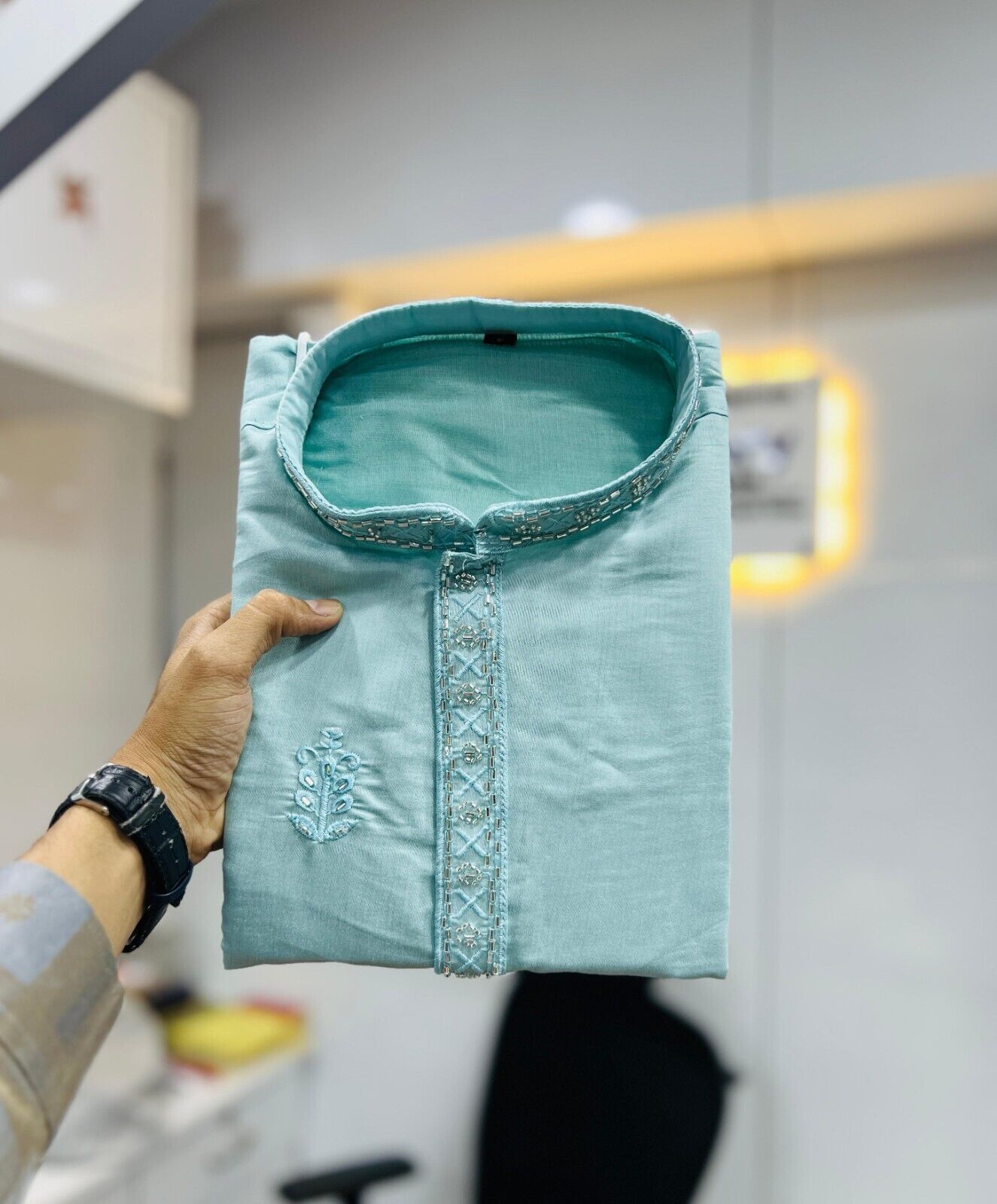 Men's Wedding Kurta with Embroidery & Long Cotton Pajama - Silk Bandhani