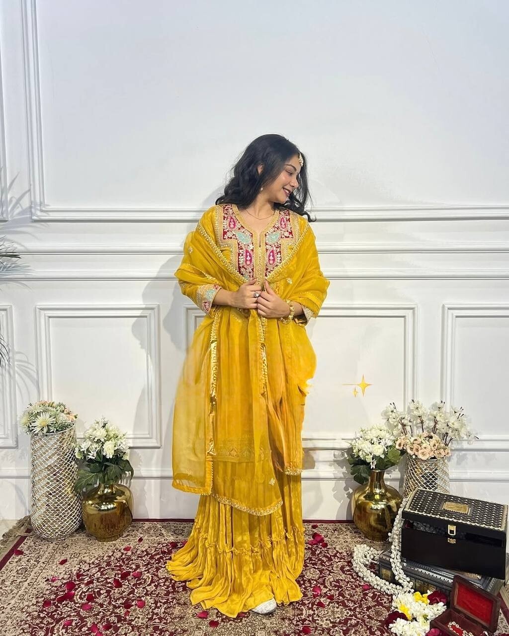 Pakistani Yellow  Embroidered Sequins Chinon Silk Gharara Dress , sharara suit