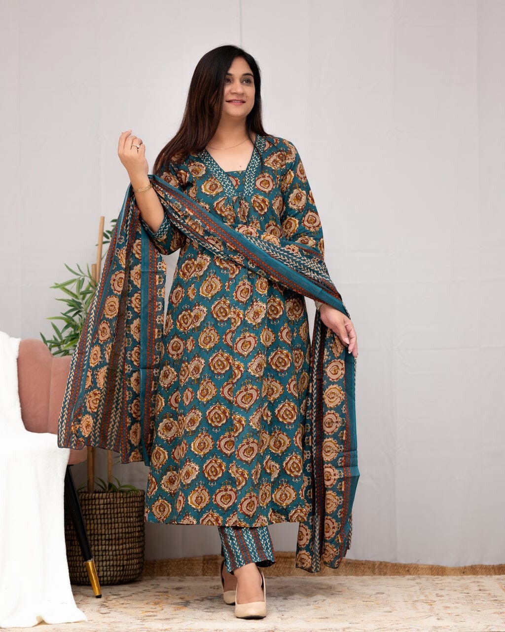 Cotton Designer indian Embroidered Anarkali Kurti Pant with Dupatta Set